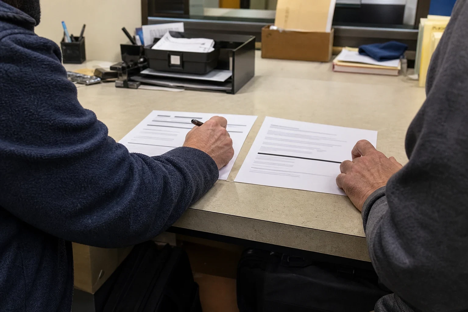 Two people seated at an office counter reviewing two printed documents laid side by side, one holding a pen, with a paper tray, pen cup and files behind