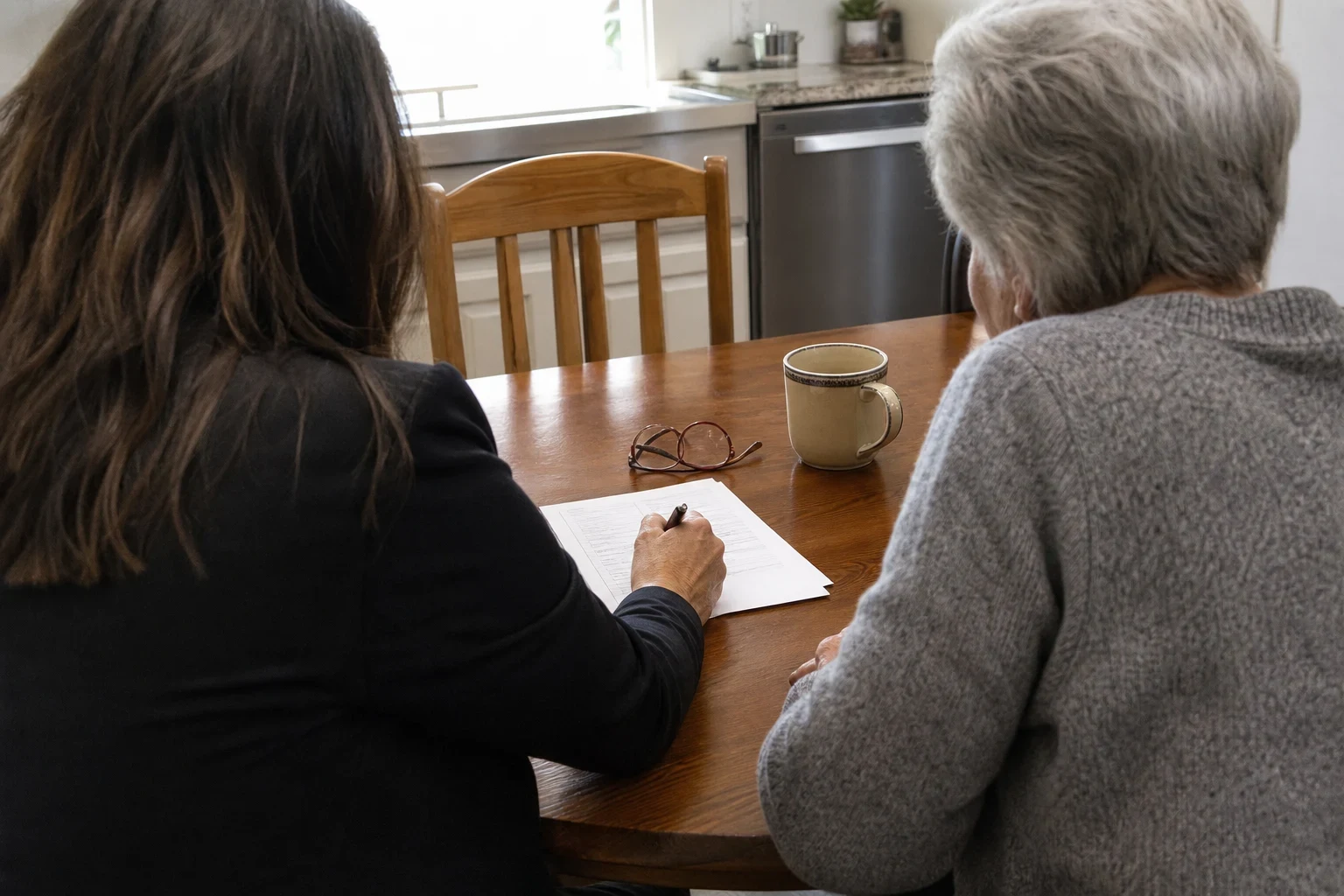 Agent and gray-haired older homeowner seated at a wooden kitchen table reviewing a paper form, with reading glasses and a coffee mug nearby
